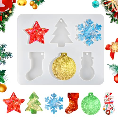 Silikonform Weihnachten,Gießform Weihnachten,DIY Schneeflocke Weihnachtsbaum Weihnachtsstrumpf Schneemann Silikonformen Weihnachten,Epoxidharz Formen Weihnachten für Weihnachten Charms Anhänger