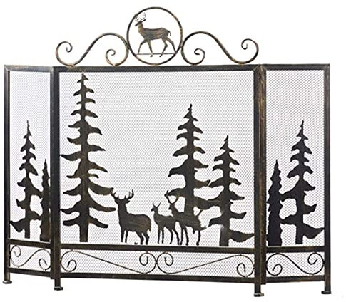 Salvachispas Pantalla De Chimenea Independiente De 3 Pliegues Envolvente, Patrón De Alce, Protector De Chispa De Hierro Forjado para Cocción De Leña Y Carbón, Estufas, Parrillas