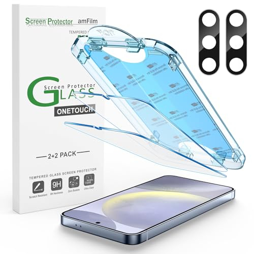 amFilm 2+2 Pezzi Vetro Temperato OneTouch per Samsung Galaxy S24 Plus 5G, Durezza 9H, con Pellicola Proteggi Obiettivo Fotocamera, Facile Installazione e Senza Bolle (S24P-6.7'')