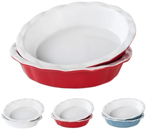 Eidoct 9 Inch Pie Dish Ceramic, 23cm Pie Pans for Baking, Crinkle Rim Pie Dish for The Oven, Pie, Tart & Quiche Pans for Cooking, Baking, and Fruit Pies, Set of 2, (Red)