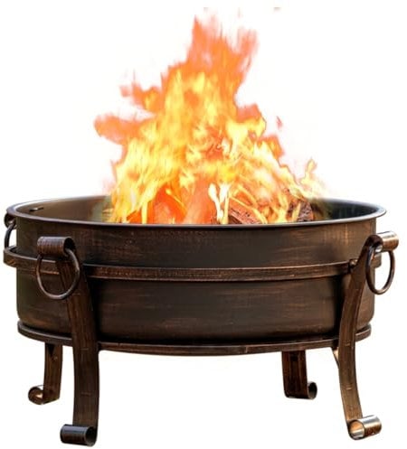 OutVue Brasero de 77 cm avec grille et couvercle, foyer à bois pour l'extérieur avec tisonnier, housse imperméable et grille à bûches, barbecue et foyer extérieur et table ronde 3 en 1 pour terrasse,