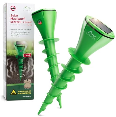 Gardigo® Maulwurf Vertreiber - 2er Set | Solarbetriebener Maulwurfschreck mit Vibrationsmotor | Wechselnde Vibrationsmuster | Maulwurfabwehr für den Garten | IP65 Wasserschutz | Wühlmausschreck