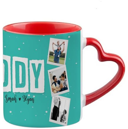 Personalised Daddy Family Photo Mug with Childrens Name, Father's Day Gift, Heart Handle Coffee, Tea Mug. (Red)