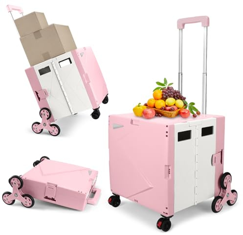 SELORSS Foldable Shopping Trolley 55L Utility Cart with Seat 8-Wheel | Adjustable Handle, Foldable Storage Box, Cup Holder, 80kg Capacity, Multi-Purpose, Shopping/Home/Office/Camping, Pink White