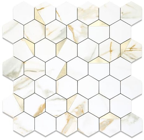 OYASIMI 10pcs Thicker PVC Stick on Tiles for Kitchen Bacskplash, Hexagon Peel and Stick Tile Stickers for Bathroom Calacatta Gold Marble Self Adhesive Wall Tile for Decor (30.5cm x 30.5cm)