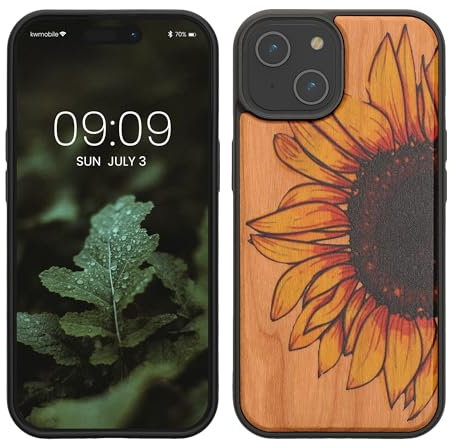 kwmobile Hülle kompatibel mit iPhone 15 Hülle - Holz Case - Handy Cover - TPU Handyhülle in Gelb Dunkelbraun Hellbraun Wood Sunflower