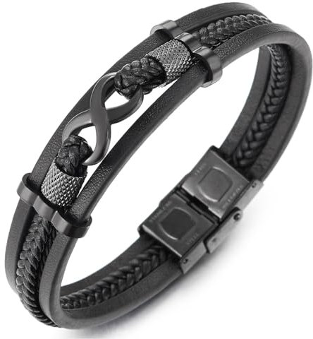 COOLSTEELANDBEYOND Drei Reihen Schwarz Infinity Liebe Unendlich Number 8 Freundschaft Schwarz Geflochtene Leder Armreif Schweißband Armband