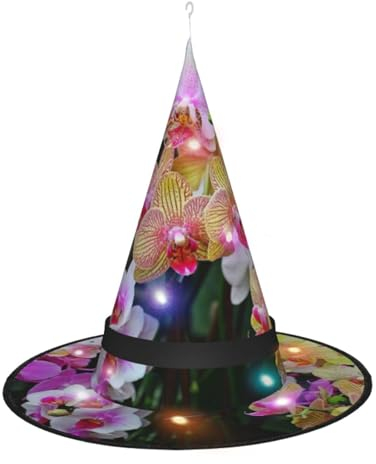 GSGCSBYMLG Orchideen bedruckter Halloween-Hexenhut für Erwachsene, leuchtender spitzer Hut, Dekoration