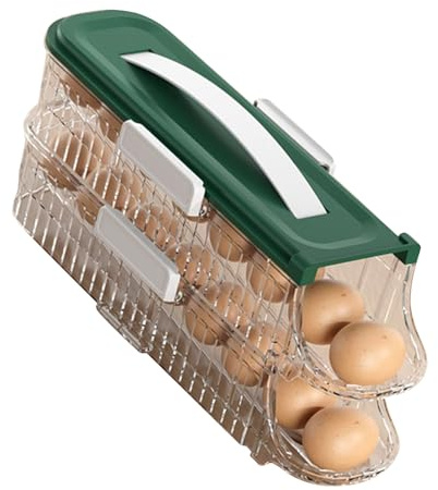 Egg Holder for Fridge, Automatic Rolling Egg Organizer with Clear Storage Box for Refrigerator, Kitchen, Countertop, or Dining Table, Plastic Dispenser with Capacity for Eggs