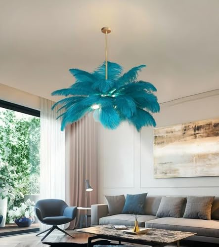 AstrizLamp Feder HäNgelampe Blau, Feder Lampe Nschirm Kronleuchter Wohnzimmer Kreative Dekorative Nordische Pendelleuchte Mit LED Deckenstrahler 4500K für Schlafzimmer Esszimmer Kinderzimmer 100cm