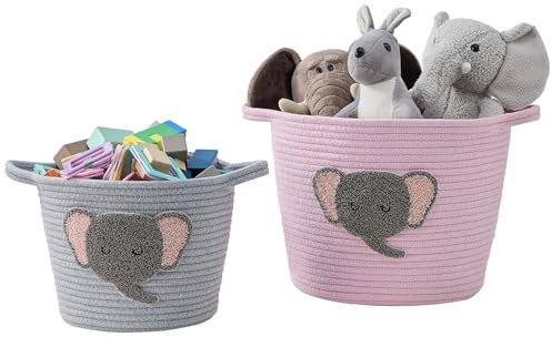 Elefanten-Seil-Aufbewahrungskörbe für Babys – 2er-Set handgewebte Baumwollkörbe mit Griffen in Rosa & Grau – Faltbare Organizer für Spielzeug, Windeln, Kleidung, Kinderzimmer & Wohnzimmer