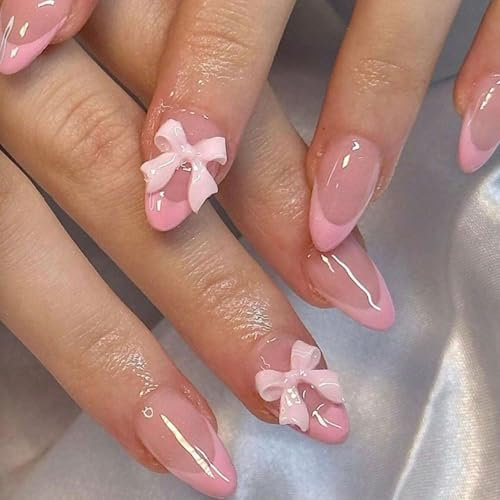Yamobi 24 Stück French Tip Press on Nails, Kurz Almond-Shaped Fake Nails mit Pink Bow Design, Glossy Stick on Nails für Frauen,Y2K Baby Pink Lace Künstliche Fingernägel