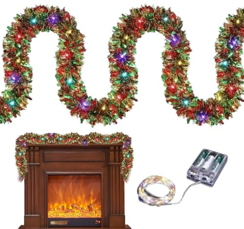 Teksome Weihnachtsbaum glänzende Girlande Licht, Weihnachts-Lametta-Girlande mit Lichtern, 16,4 Fuß Weihnachts-Lametta-Girlande mit LED-Lichtern, Batteriebetriebene ShinyLight Strips Vorbeleuchtete