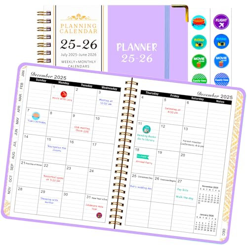 Daily Planner 2025-2026, Monthly and Weekly Calendar Planner with Tabs, July 2025 - Jun 2026, Inner Pocket, 6.2 x 8.5 A5 Size, Perfect for Office Home School Supplies, Spiral Bound, Purple