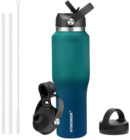 HYDROWION 40 oz Insulated Water Bottle with Straw fit in Car Cup Holder(Cold 48 hrs, Hot 24 hrs) Drinking Bottle with Straw Lid, Spout Lid and Flex Cap Leakproof Travel Thermo Mug，Green - Blue