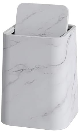 Poubelle en plastique à motif marbré double couche – Corbeille à papier toilette avec couvercle basculant (blanc, taille S)