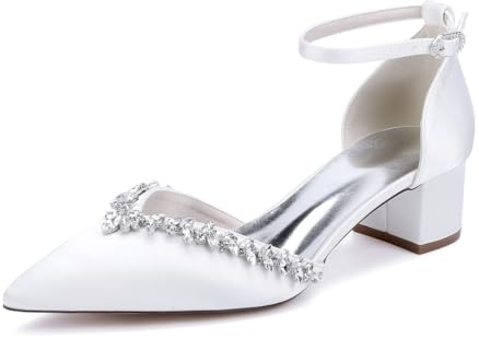 TNMIUH Scarpe da Sposa comode con Tacco Basso e Strass da Donna, Eleganti décolleté in Raso, bellissime Scarpe da Scarpe col Tacco a Blocco per Matrimonio e Sera,Bianca,40 EU