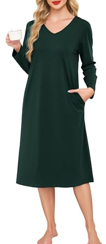 Wikoan Women's Long Sleeves Nightdress Midi Side Slits Nightwear S‑3XL | Ladies Cotton Sleep Shirt Elegant V Neck Loungewear Dress with Side Pockets Cosy Nightwear for Weekend Relaxation