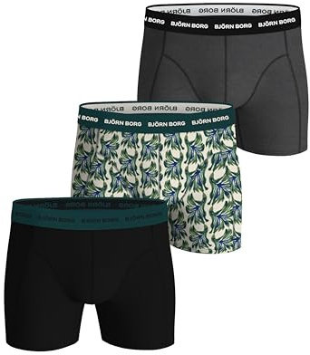 Björn Borg Men's Cotton Stretch Boxers (3-Pack) – Soft, Breathable Underwear with Comfort Waistband (UK, Alpha, S, Regular, Regular, Black/Green Floral/Grey)