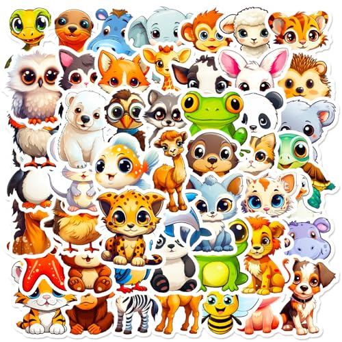 ZingBox 50 Stück Tiere Sticker Set, Groß 6cm Cute Aufkleber Tieres, Kinder Sticker Tiere, Wasserfeste Tieres Aufkleber, Unikate Tier Stickers, Lustige Tiersticker für Laptop Mobiltelefon Skateboard
