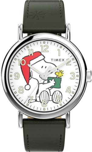 Timex TW2Y12400 Peanuts Holiday Herren-Armbanduhr, 40 mm, grünes Lederarmband mit weißem Zifferblatt und silberfarbenem Gehäuse
