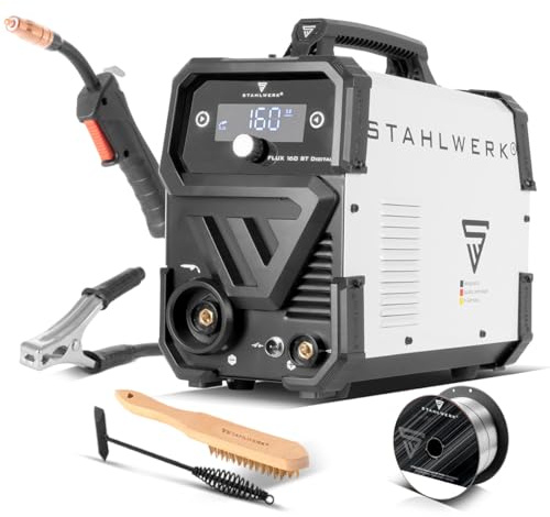 STAHLWERK Schweißgerät FLUX 160 ST Digital – 3-in-1 Kombi mit 160 A | ohne Schutzgas, Fülldrahtschweißen, MMA (E-Hand/ARC), Lift-TIG (DC), synergischer Drahtvorschub, LED-Licht, IGBT-Technologie