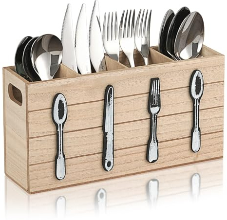 JAZUIHA Rustikaler 4-Fächer Besteckhalter für Tisch aus Holz | Platzsparender Besteckständer für Esstisch Küchentisch | Besteckaufbewahrung für Zuhause, Party, Restaurant & Buffet