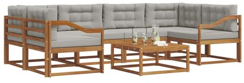 vidaXL Outdoor-Sofagarnitur mit Kissen 7 pcs Natürlich und Hellgrau, Modernes Outdoor-Sofaset, langlebige Gartenmöbel für Patio, Poolbereich, Hinterhof-Couch und modulares Sofa.