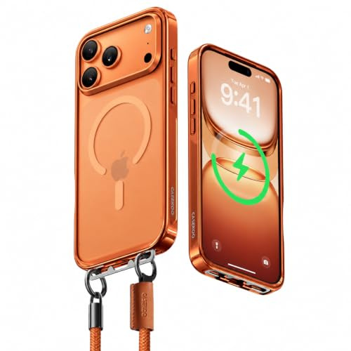 CASEKOO Linkoo für iPhone 17 Pro Max Hülle mit Band,【Patentiertes ClipSafe】: Versteckter Klapp-Clip, Glänzende Handyhülle für iPhone 17 Pro Max, Kompatibel mit MagSafe, Transparente Rückseite, Orange