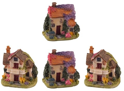 Fenical Mini House Model Resin Crafts 4Pcs for Home Decor and Quirky Plant Pots Ornament