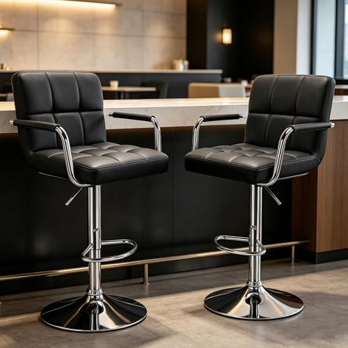 Verdego Barhocker 2er Set, Barstuhl Höhenverstellbar um 20cm, mit Armlehnen, Rückenlehne und Silber Fußstütze, Küchenhocker aus PU-Leder & Stahlgestell, 360°Drehstuhl, Bar Hocker (Schwarz)