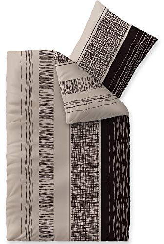 CelinaTex Touchme Biber Bettwäsche 155 x 220 cm 2teilig Baumwolle Bettbezug, Set, Bettgarnitur für Sommer und Winter, ganzjährig, pflegeleicht, Greta beige grau schwarz