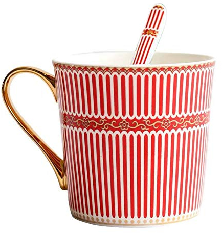 YBK Tech Bone China Porcelain Tea Cup Coffee Mug for Home Kitchen Office - Stripe Patterns (Red)