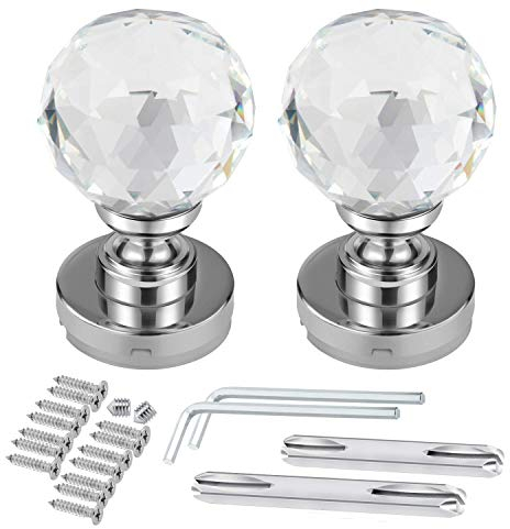 MIMORE Crystal Door Knobs 60mm Diamond Pull Handle Clear Glass Door Knob Solid Round Crystal Cut Faceted with Screw and Accessories for Bedroom Hall and Closet (2Pack