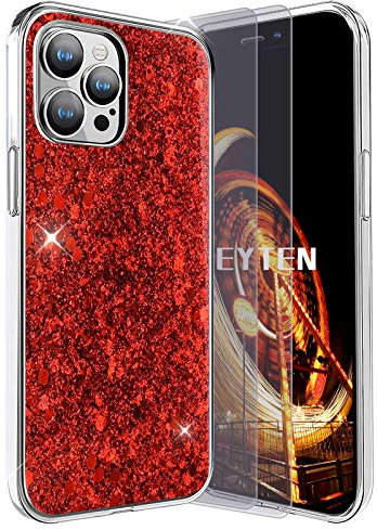 Feyten Compatible with iPhone 12 Pro Max Case (6.7 Inches) with Tempered Glass Screen Protector [2 pack], Bling Shiny Sparkle Glitter Design Ultra Slim Soft TPU Silicone Cover (Red)
