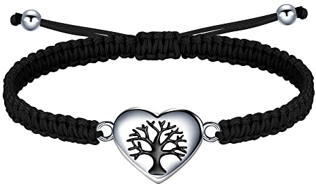 J.Endéar Lebensbaum Herzen Armband für Damen Silber 925 Geflochtene Filigrane Kordel Verstellbares Armband Frauen Mädchen Schmuck Familie Freundschaft Geschenk, Schwarz
