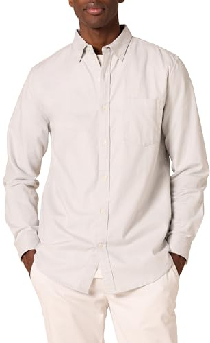 Amazon Essentials Men's Slim-Fit Long-Sleeved Stretch Oxford Shirt with Pocket, Light Grey, M