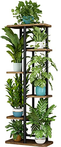 LINZINAR Pflanzenständer mit 6 Etagen, 7 Pflanzen, mehrere Blumenregal, Regal, Aufbewahrungs-Organizer, Display, Innen-Pflanzgefäß für Balkon, Schlafzimmer, Terrasse, Garten, Wohnzimmer, schwarz