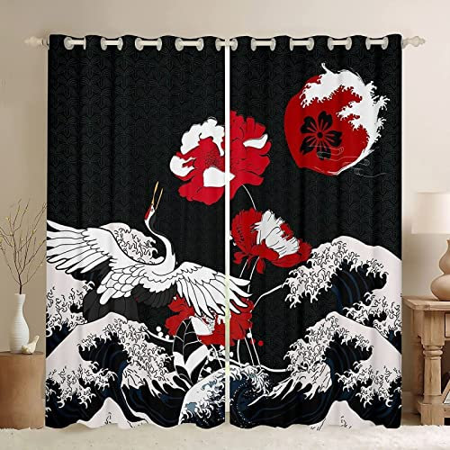 DONGSHAN Rideaux Occultants 140x240 Japonais Grue Rideaux Thermique Isolant Anti Froid, Rideaux à Oeillets Phonique pour Chambre Enfant Salon Fenêtre et Cuisine, 2 Panneaux