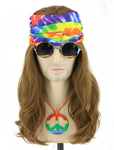 Topcosplay 4er Set Hippie Kostüm Vokuhila Perücke Bandanas Sonnenbrille Frieden Zeichen Halskette 70er 80er Jahre Disco Perücke Lang Lockig Disco Perücke für Karneval Halloween (Lockig Disco Perücke)