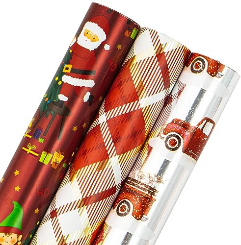 Holijolly Weihnachtsgeschenkpapier Rolle - Min Rolle - Wichtel und Weihnachtsmann/Roter LKW/Kariert für Geschenkpapier, DIY Bastelarbeiten - 43.2cm×305cm - 3 Rollen (42.5 sq.ft.ttl.)