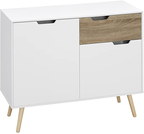 HOMCOM Meuble de Rangement scandinave sur Pieds Buffet scandinaves pour Salle de Bain, Salon, Cuisine, Pieds en Bois de pin Massif - Blanc - Dim. 98L x 39l x 81,5H cm