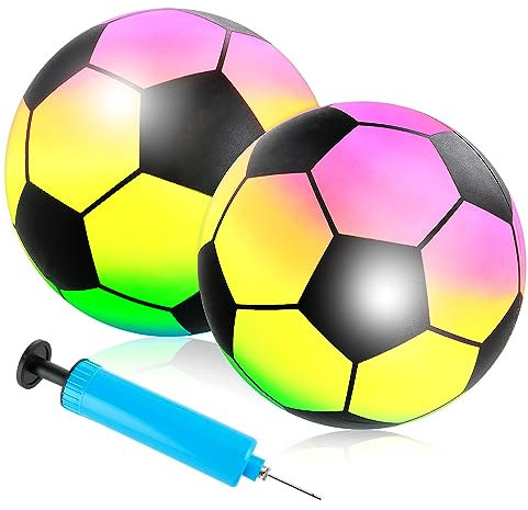 Rainbow Football, 2 Pieces Inflatable Soccer Ball, 9 Inch Rainbow Playground Balls for Kids & Adults Inflatable Vinyl Balls with Added Hand Air Pump Neon Soccer Ball for Playground Indoor and Outdoor