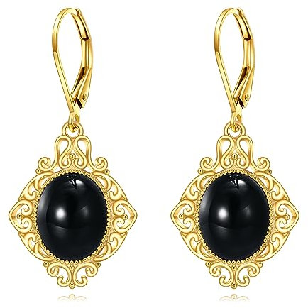 Schwarze Onyx Ohrringe Ovale Tropfen Ohrringe aus Sterling Silber 18 Karat Gelbgold Vergoldet Filigrane Boho Ohrhänger Schmuck Geschenke für Damen und Mädchen (Filigrane Ohrringe schwarzem Onyx)