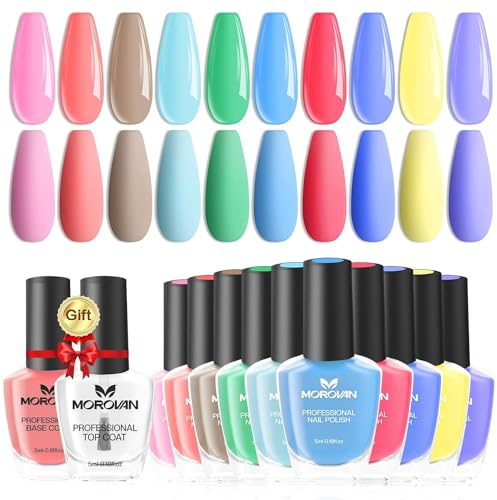 Morovan Nagellack Set für Nägel - 10 Macaron Farben Nail Polish Set 2pc Base Coat Top Coat UV 5ml Gel Nagellack UV Schnell Trocknend Nagellack Grün Zehennagel Maniküre Kit Für Frauen