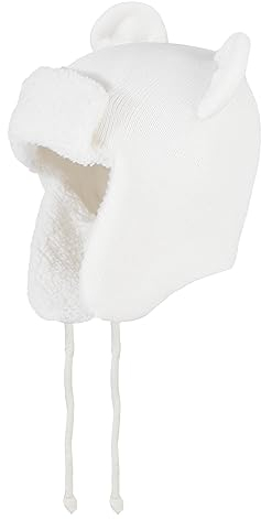 LACOFIA Baby Wintermütze Kleinkind Mädchen Earflap Beanie Kinder Warme Fleece Gefüttert Bär Hut Strickmützen Trappermütze mit 2 Öhrchen Weiß 6-12 Monate S