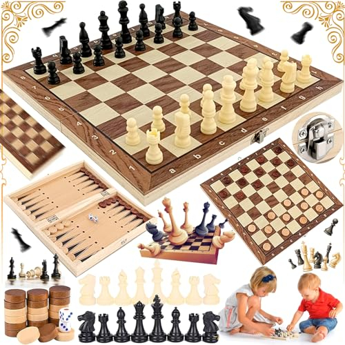 Mikqky 3-in-1 Schachbrett Holz - Hochwertig Schach Dame Backgammon, Klappbar, Schachbrett Schachspiel Schach Aus Holz, Für Kinder und Erwachsene (11,4 x 11,4 x 0,6 cm)