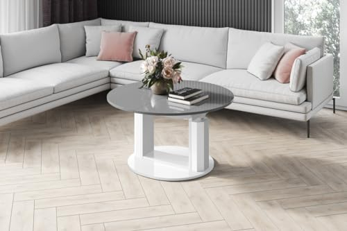 designimpex Design Couchtisch HEM-111 Hochglanz ausziehbar höhenverstellbar Tisch, Farbe:Grau Hochglanz - Weiß Hochglanz