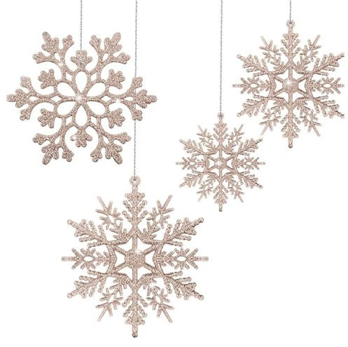 XZEIT 50 PCS Beige Schneeflocken Deko mit Schnur, Glitter Schneeflocken Deko Hängende Ornamente Christbaumschmuck Schneeflocke Anhänger, zum Dekorieren von Weihnachtsbäumen und Fenster