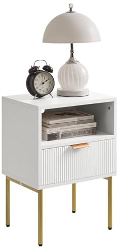 IBUYKE Table de Chevet Mid-Century Moderne avec Tiroir de Rangement, Petite Table d'Appoint Noire pour Chambre à Coucher, Salon, Blanc WNS008W